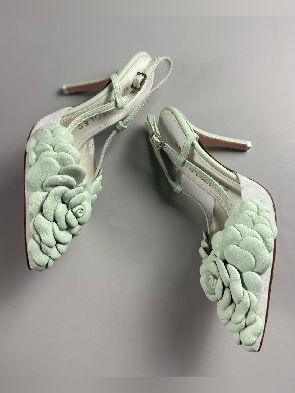 Beautiisoles by Robyn Shreiber 3D Floral Slingback Heels Mint Green Leather 6.5 - Picture 2 of 5